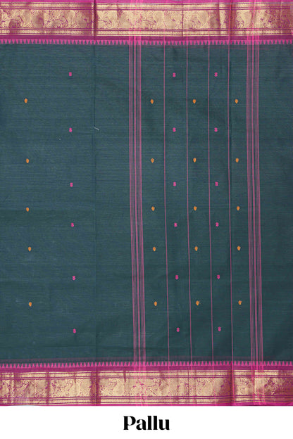 Green thread butta chettinad cotton saree with contrast border and matching striped pallu
