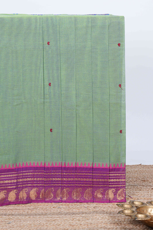 Emerald green thread butta chettinad cotton saree with contrast border and matching striped pallu
