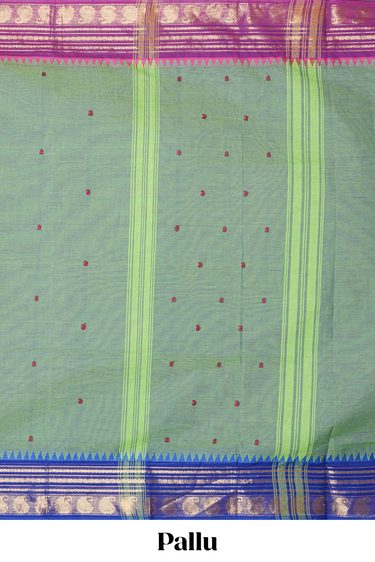 Emerald green thread butta chettinad cotton saree with contrast border and matching striped pallu