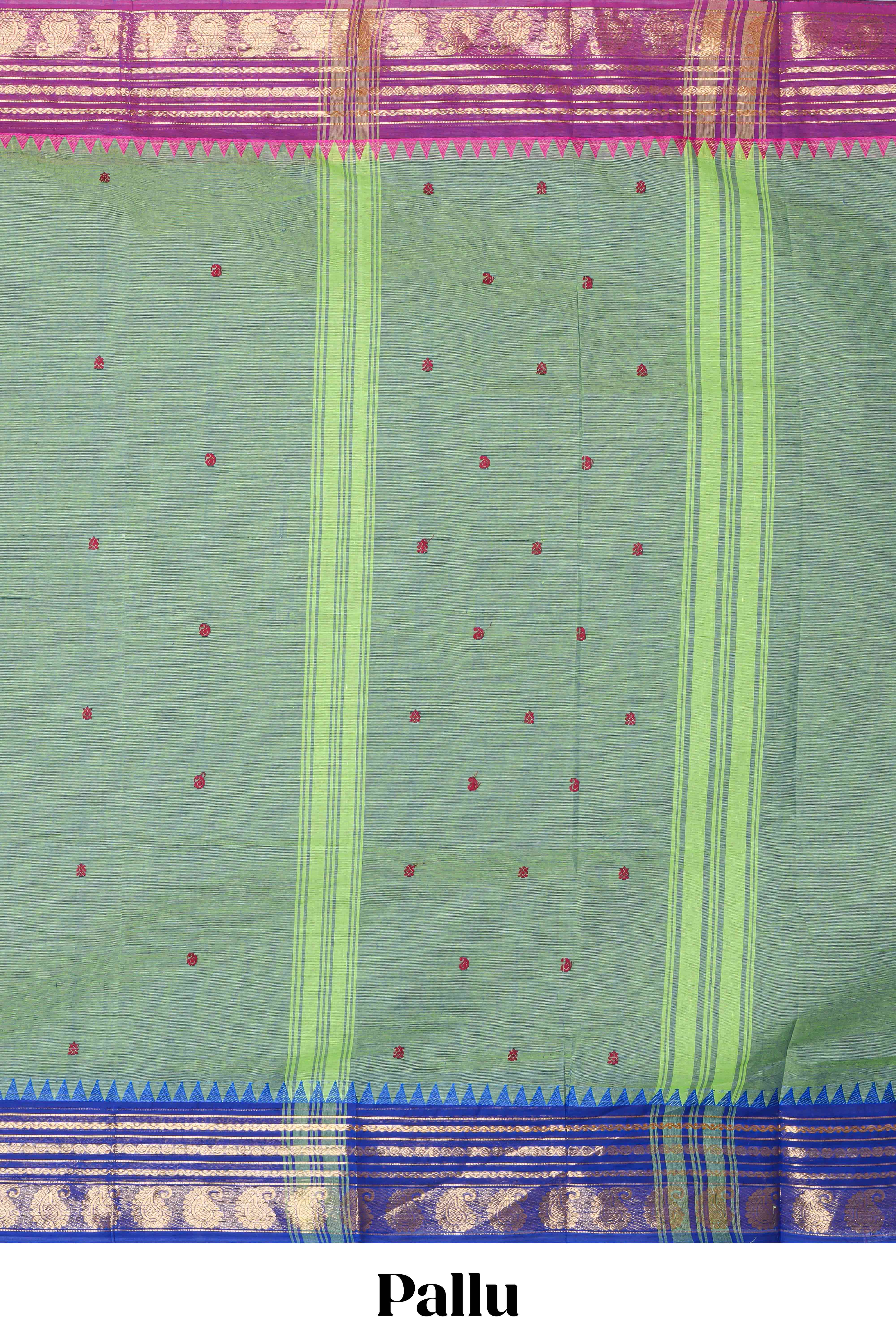 Emerald green thread butta chettinad cotton saree with contrast border and matching striped pallu