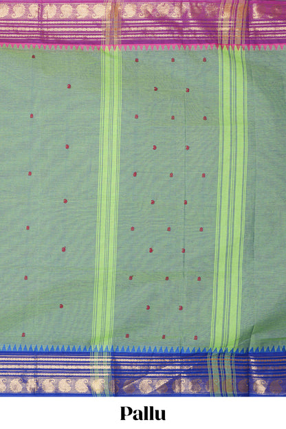 Emerald green thread butta chettinad cotton saree with contrast border and matching striped pallu