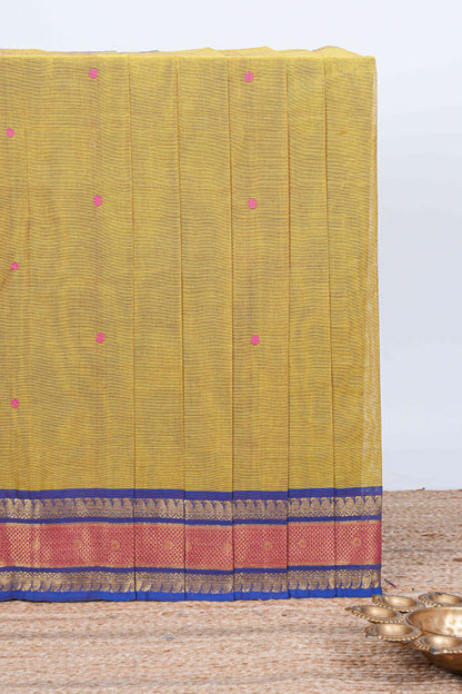 Mustard thread butta chettinad cotton saree with contrast border and matching striped pallu