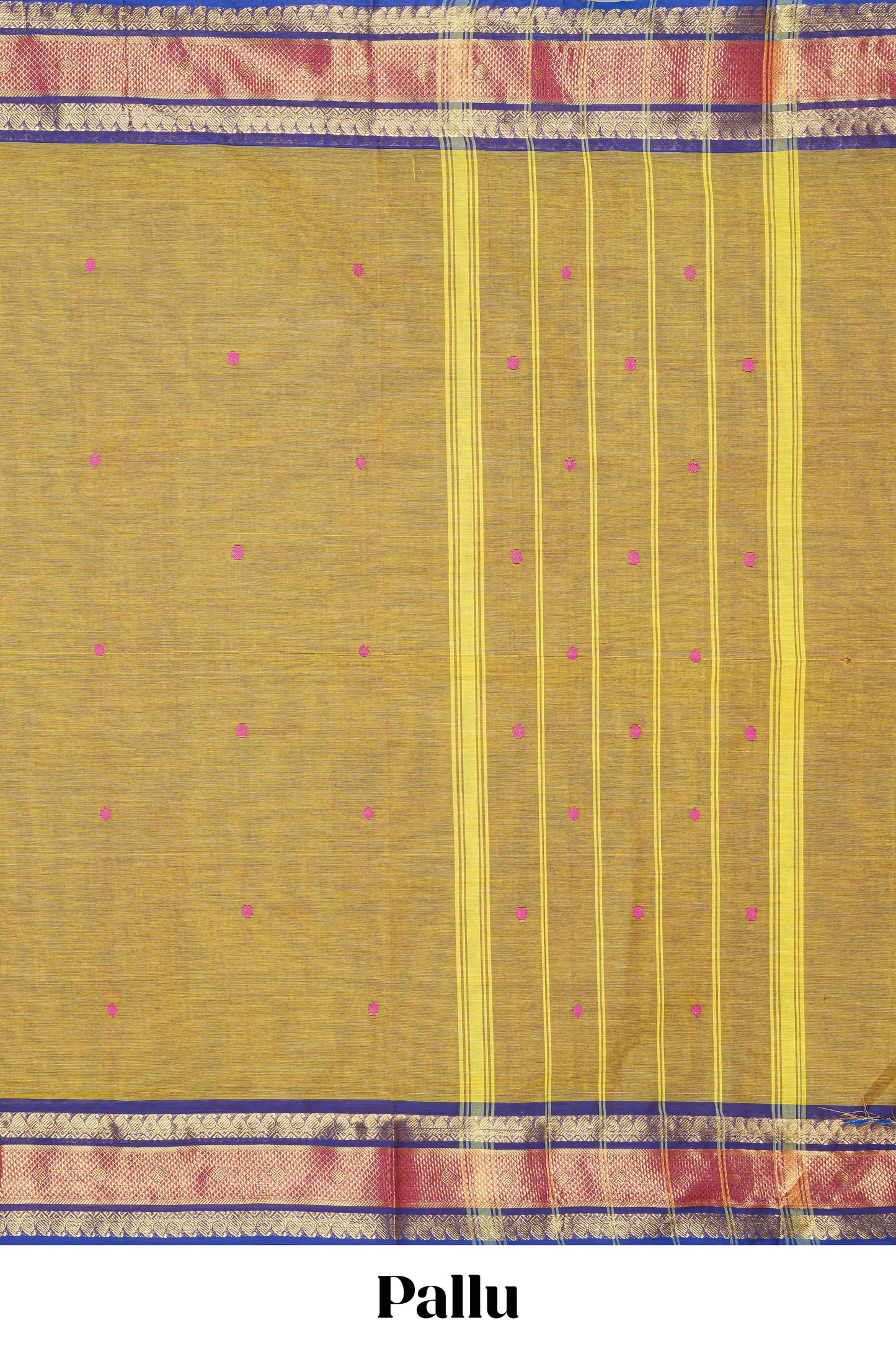 Mustard thread butta chettinad cotton saree with contrast border and matching striped pallu