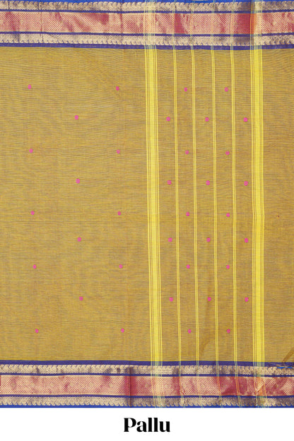 Mustard thread butta chettinad cotton saree with contrast border and matching striped pallu