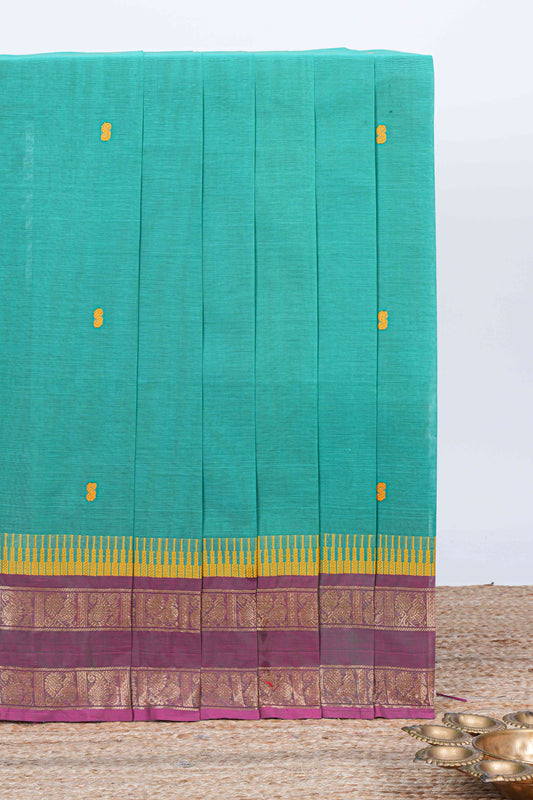Turquoise green thread butta chettinad cotton saree with contrast border and matching striped pallu