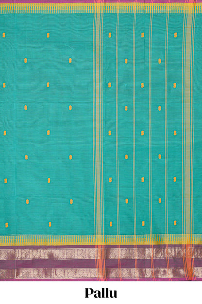 Turquoise green thread butta chettinad cotton saree with contrast border and matching striped pallu