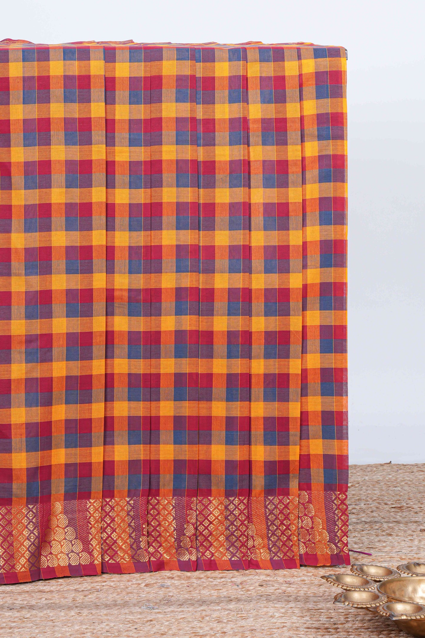 Multi color checked chettinad cotton saree with self zari border and matching striped pallu