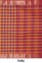 Multi color checked chettinad cotton saree with self zari border and matching striped pallu
