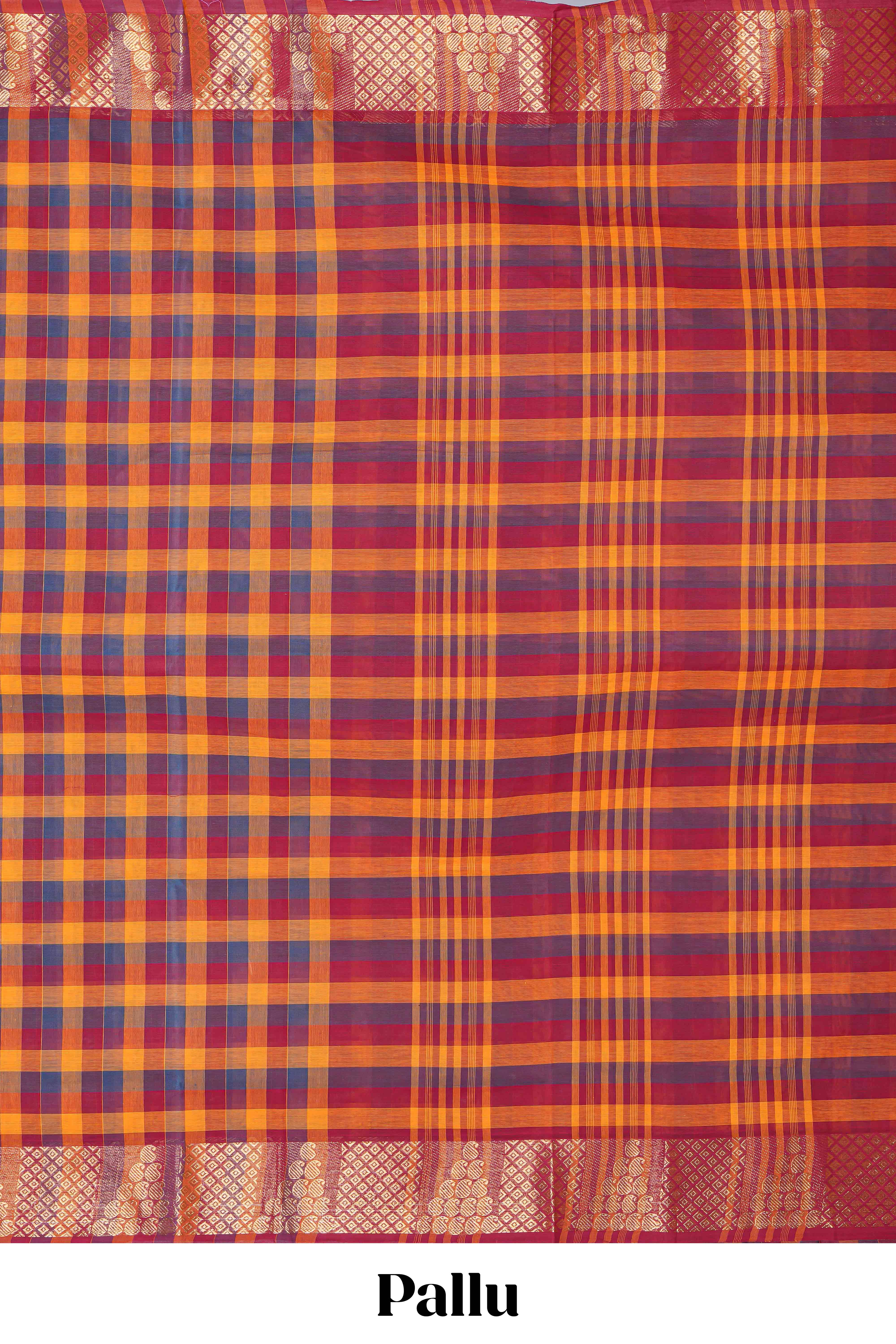 Multi color checked chettinad cotton saree with self zari border and matching striped pallu