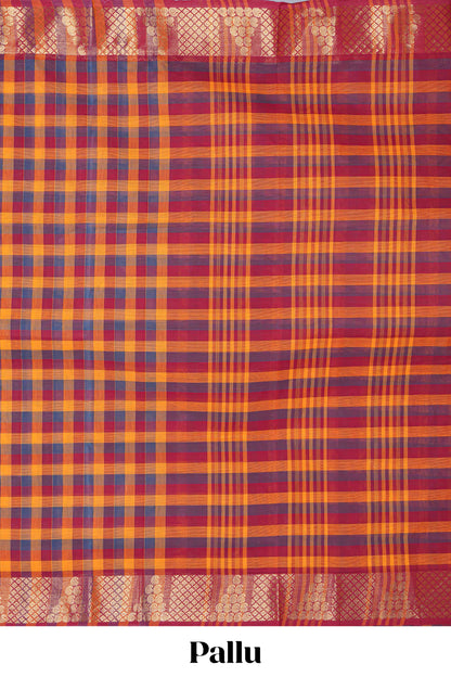 Multi color checked chettinad cotton saree with self zari border and matching striped pallu