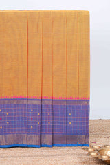 Orange plain chettinad cotton saree with contrast checked border and matching striped pallu
