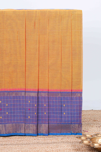 Orange plain chettinad cotton saree with contrast checked border and matching striped pallu