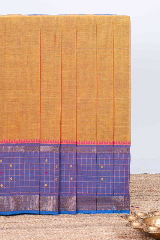 Orange plain chettinad cotton saree with contrast checked border and matching striped pallu