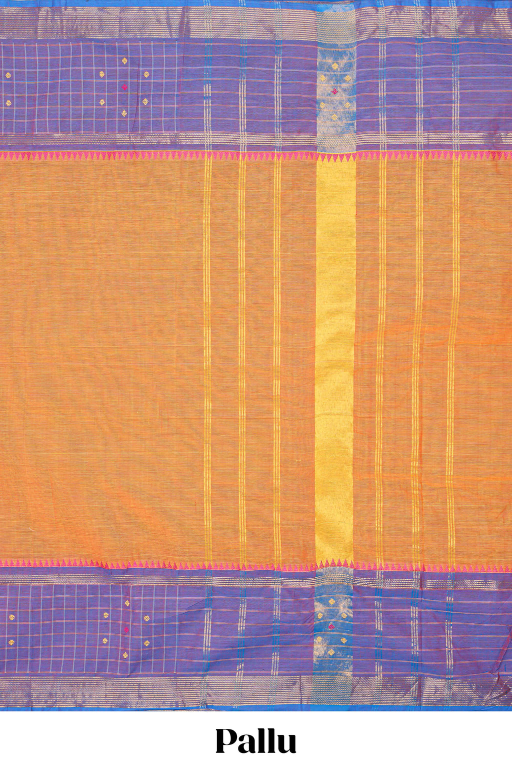 Orange plain chettinad cotton saree with contrast checked border and matching striped pallu