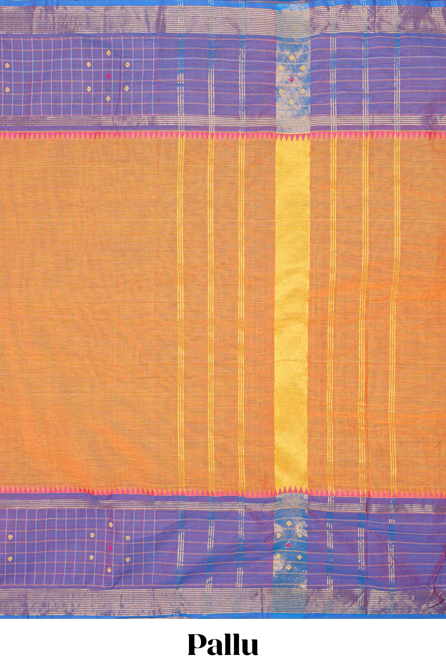 Orange plain chettinad cotton saree with contrast checked border and matching striped pallu