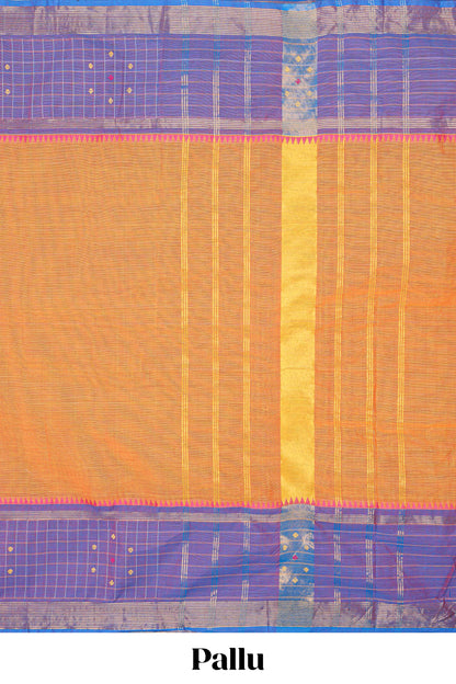 Orange plain chettinad cotton saree with contrast checked border and matching striped pallu