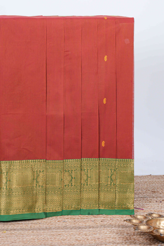 Red thread buttas chettinad cotton saree with contrast border and matching striped pallu