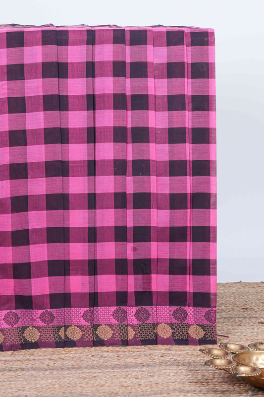 Black & pink  checked chettinad cotton saree with self border and matching pallu