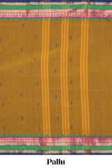 Mustard yellow chettinad cotton saree with all over thread buttas contrast border and matching pallu along with blouse piece