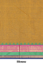 Mustard yellow chettinad cotton saree with all over thread buttas contrast border and matching pallu along with blouse piece