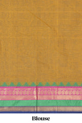 Mustard yellow chettinad cotton saree with all over thread buttas contrast border and matching pallu along with blouse piece