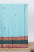 sky blue colour chettinad cotton saree all over thread butta with contrast border and zari pallu along with blouse
