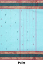 sky blue colour chettinad cotton saree all over thread butta with contrast border and zari pallu along with blouse