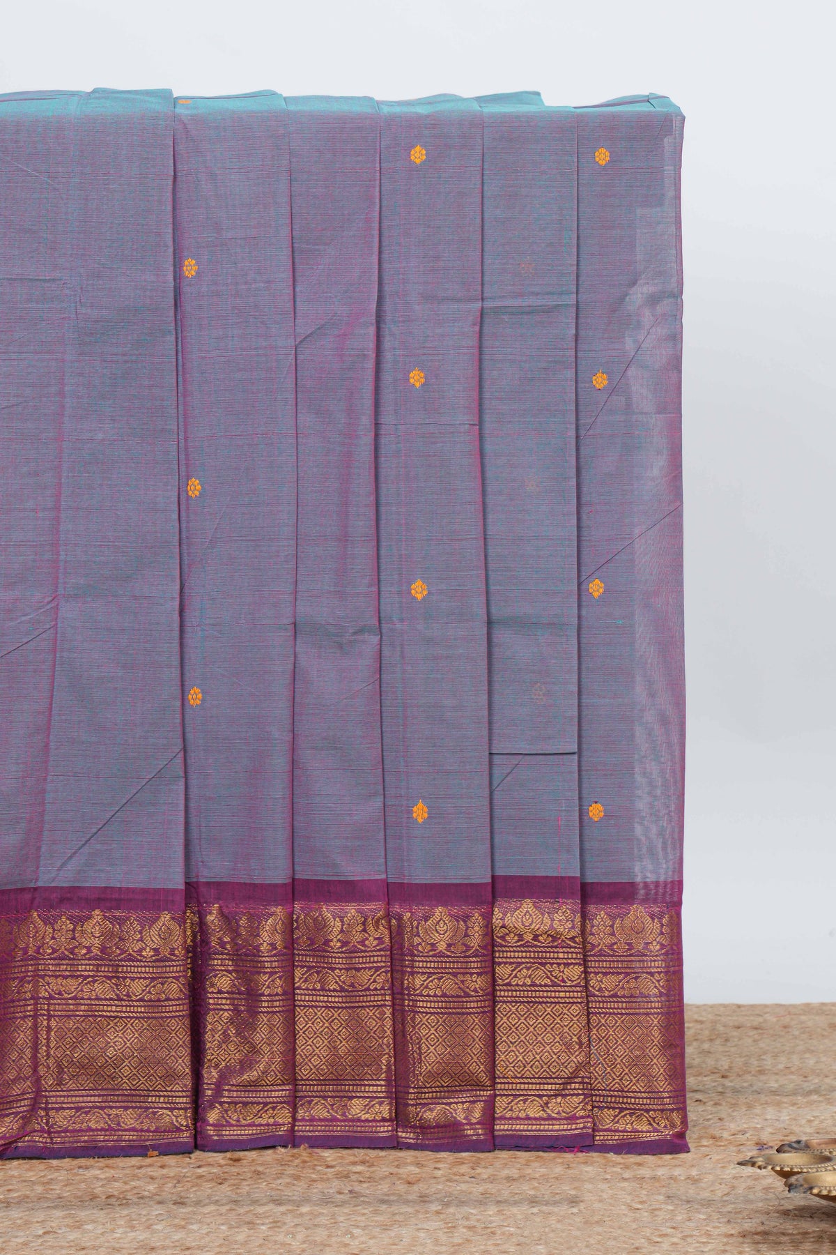 Lavender colour chettinad cotton saree all over thread butta with contrast border and self pallu along with blouse piece