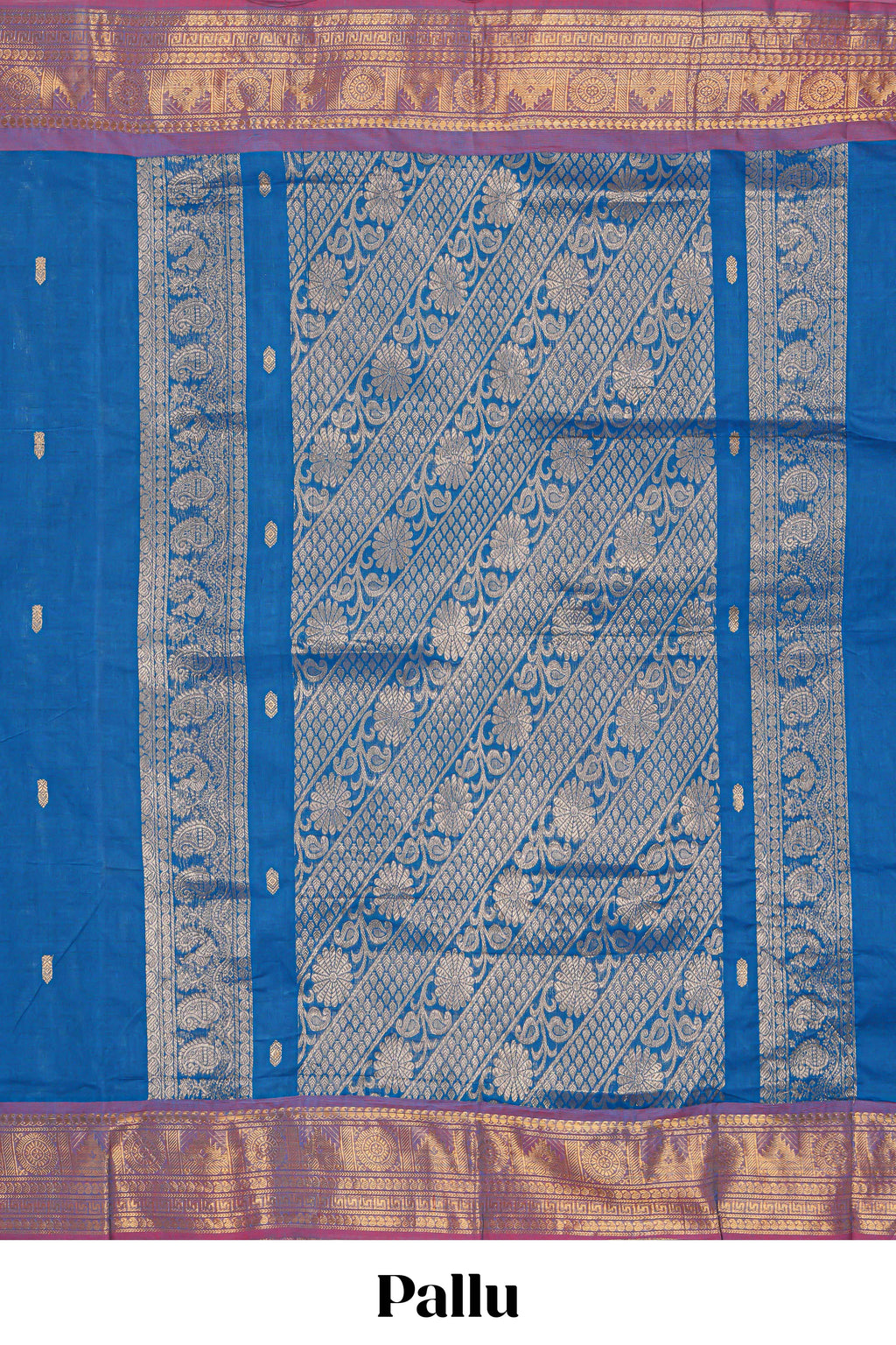 Royal blue colour chettinad cotton saree all over thread butta with contrast border and zari pallu along with blouse piece