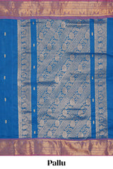 Royal blue colour chettinad cotton saree all over thread butta with contrast border and zari pallu along with blouse piece