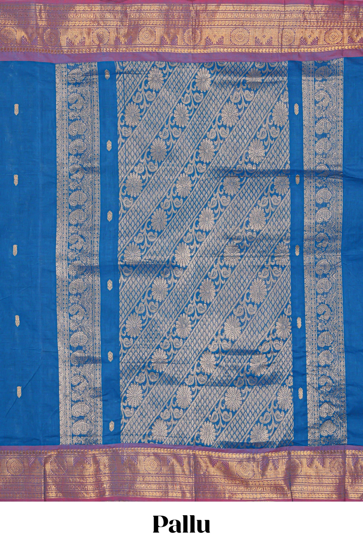 Royal blue colour chettinad cotton saree all over thread butta with contrast border and zari pallu along with blouse piece