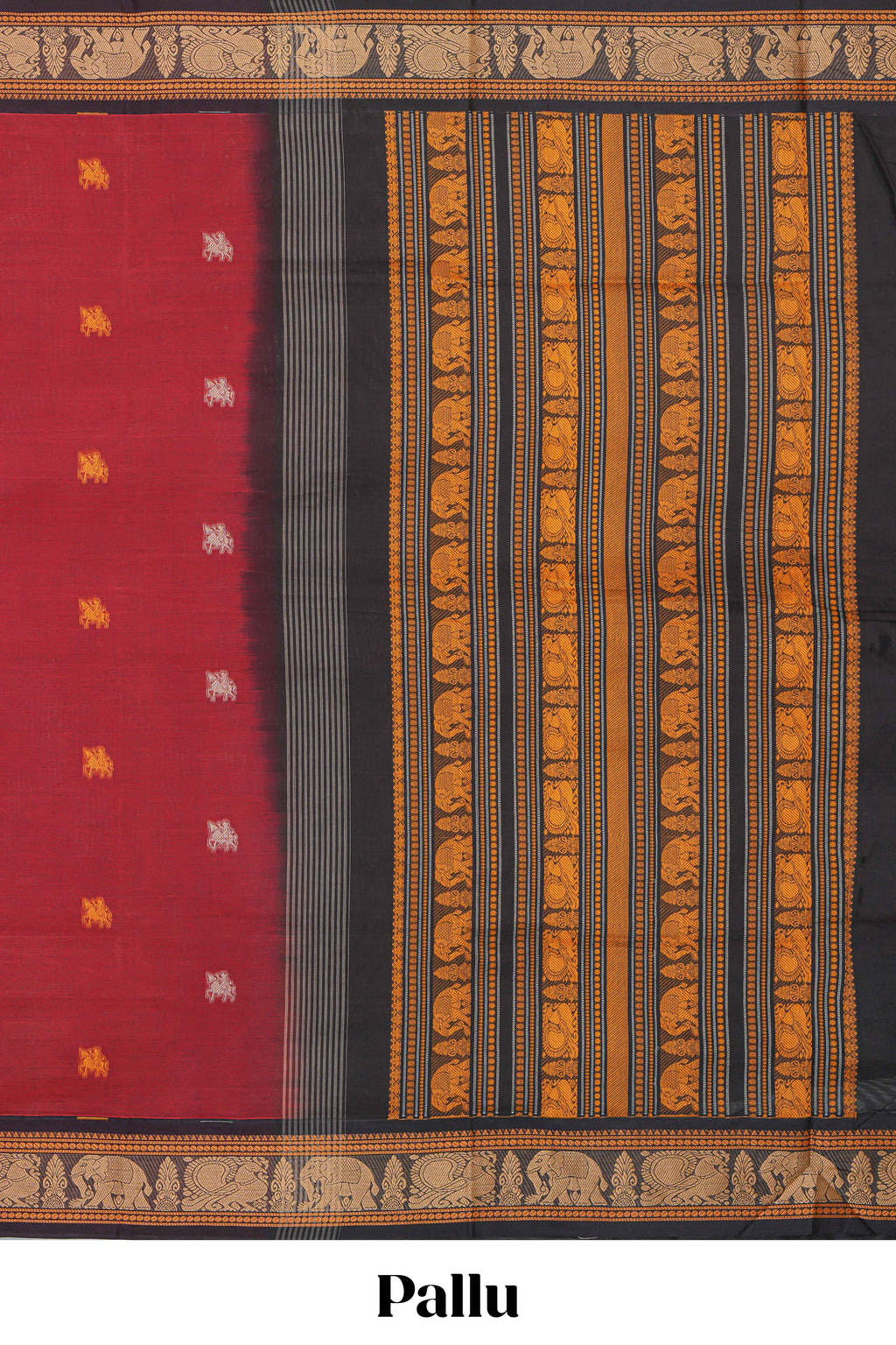 Red colour chettinad cotton saree plain body with contrast border and contrast pallu along with blouse piece