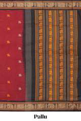 Red colour chettinad cotton saree plain body with contrast border and contrast pallu along with blouse piece