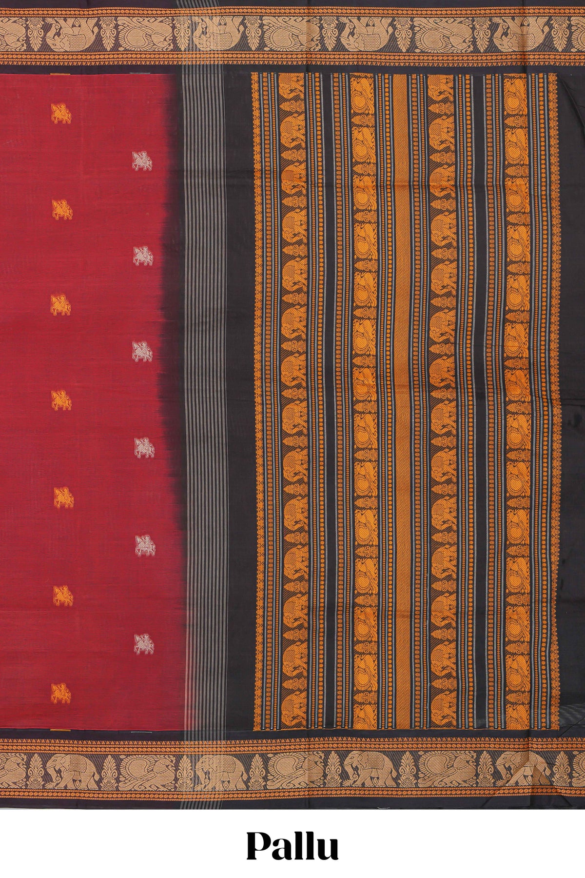 Red colour chettinad cotton saree plain body with contrast border and contrast pallu along with blouse piece
