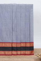 Grey colour chettinad cotton saree plain body with contrast border and self pallu along with blouse piece