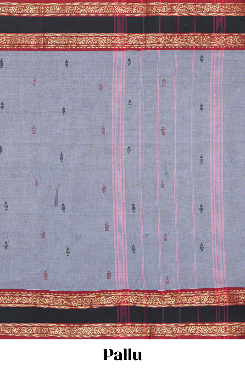 Grey colour chettinad cotton saree plain body with contrast border and self pallu along with blouse piece