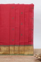 Red colour chettinad cotton saree all over thread buttas with contrast border and self pallu along with blouse piece