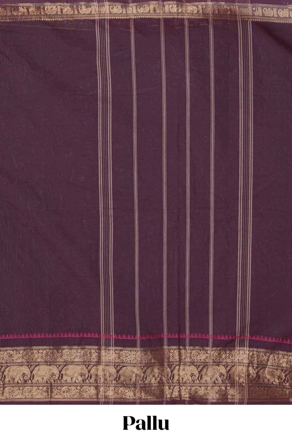 Dark Plum Chettinad cotton saree with a plain body antique gold zari elephant border along with matching blouse