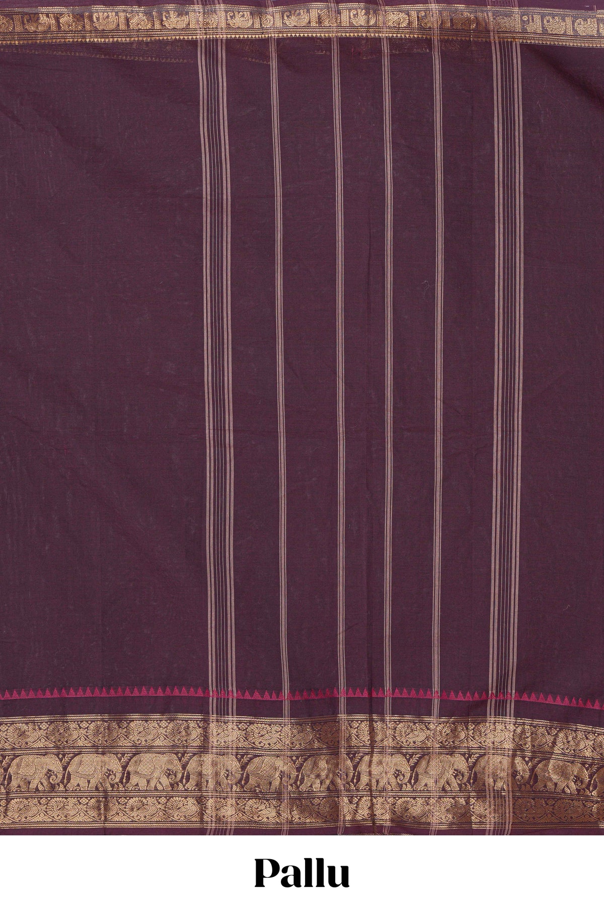 Dark Plum Chettinad cotton saree with a plain body antique gold zari elephant border along with matching blouse