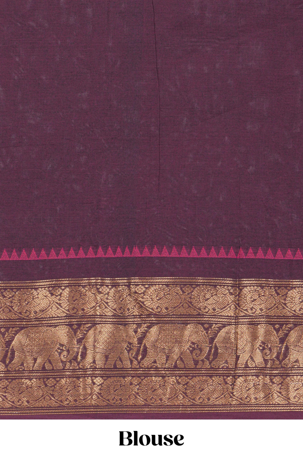 Dark Plum Chettinad cotton saree with a plain body antique gold zari elephant border along with matching blouse