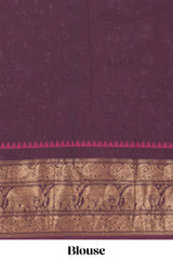 Deep coffee brown Chettinad cotton saree with a plain body antique gold zari elephant border along with matching blouse