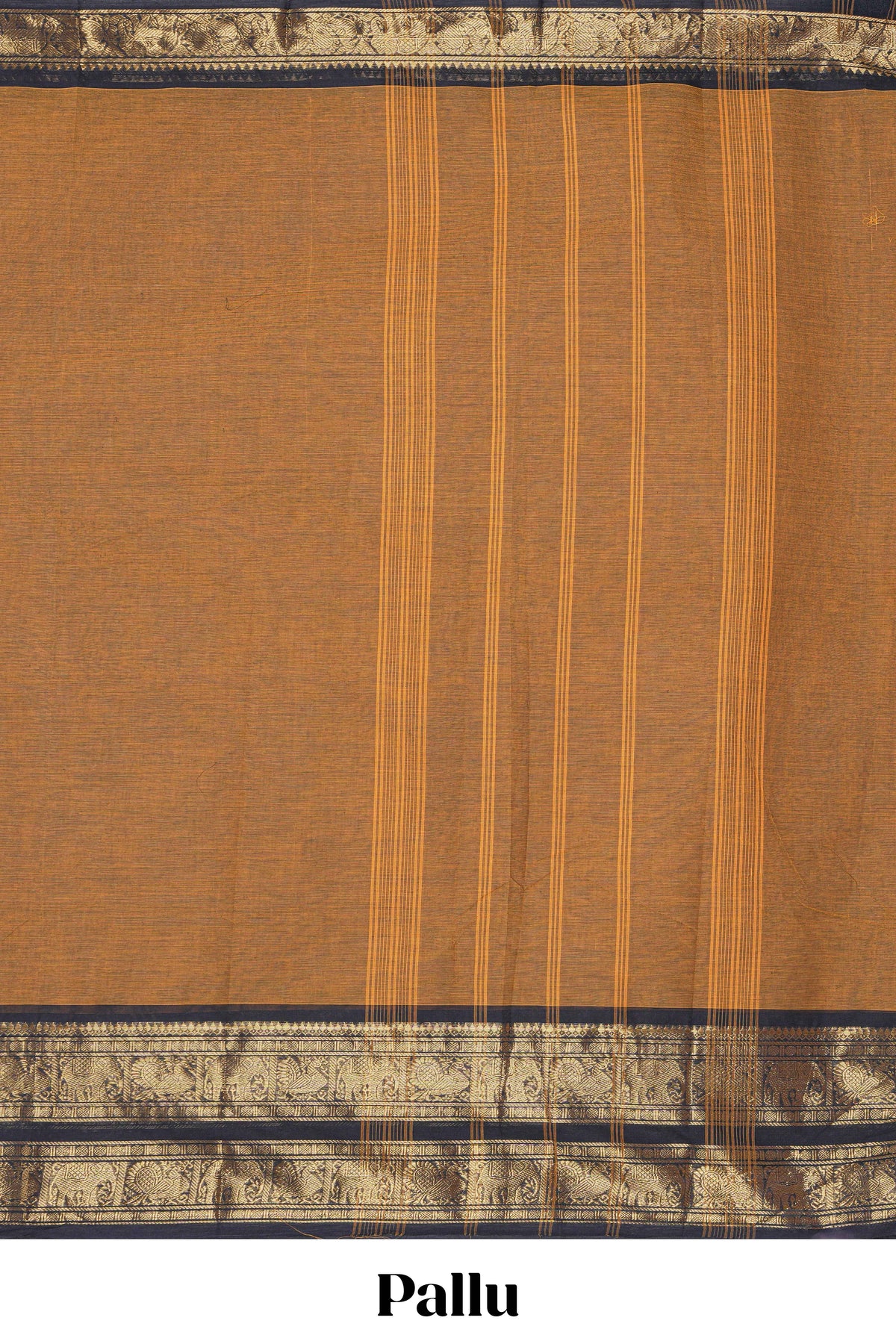 Deep Mustard yellow Chettinad cotton saree with a plain body antique gold zari elephant border along with matching blouse