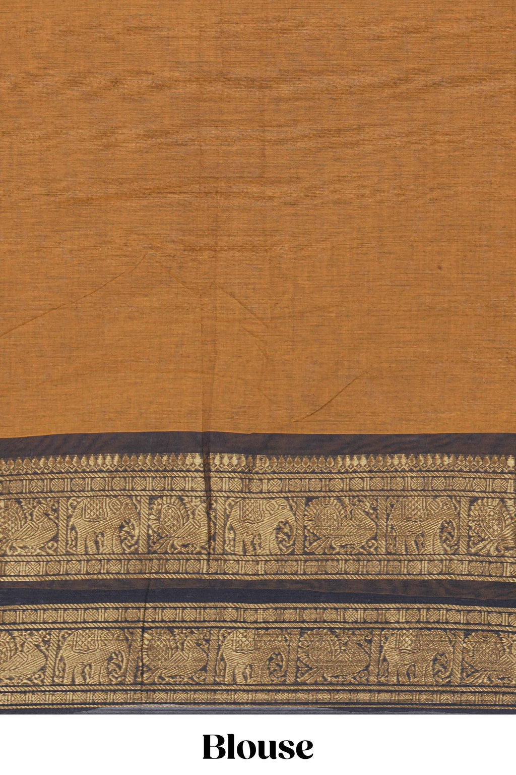 Deep Mustard yellow Chettinad cotton saree with a plain body antique gold zari elephant border along with matching blouse