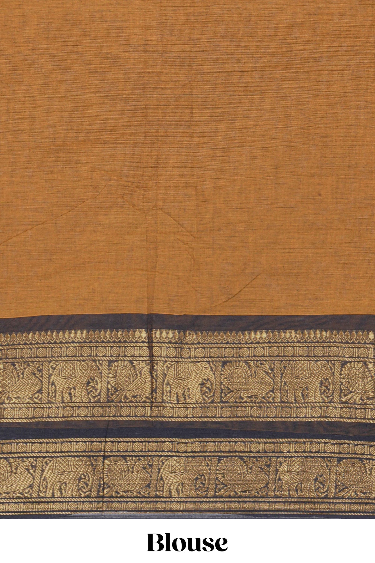 Deep Mustard yellow Chettinad cotton saree with a plain body antique gold zari elephant border along with matching blouse