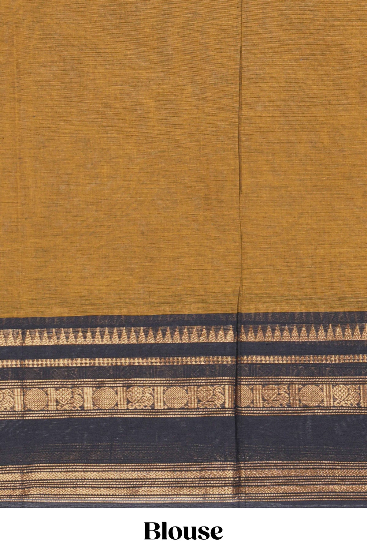Deep Mustard yellow Chettinad cotton saree with a plain body and a contrasting black border by antique gold zari motifs along with blouse piece