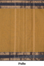 Deep Mustard Brown Chettinad cotton saree with a plain body and a contrasting black border by intricate antique gold zari motifs along with blouse piece