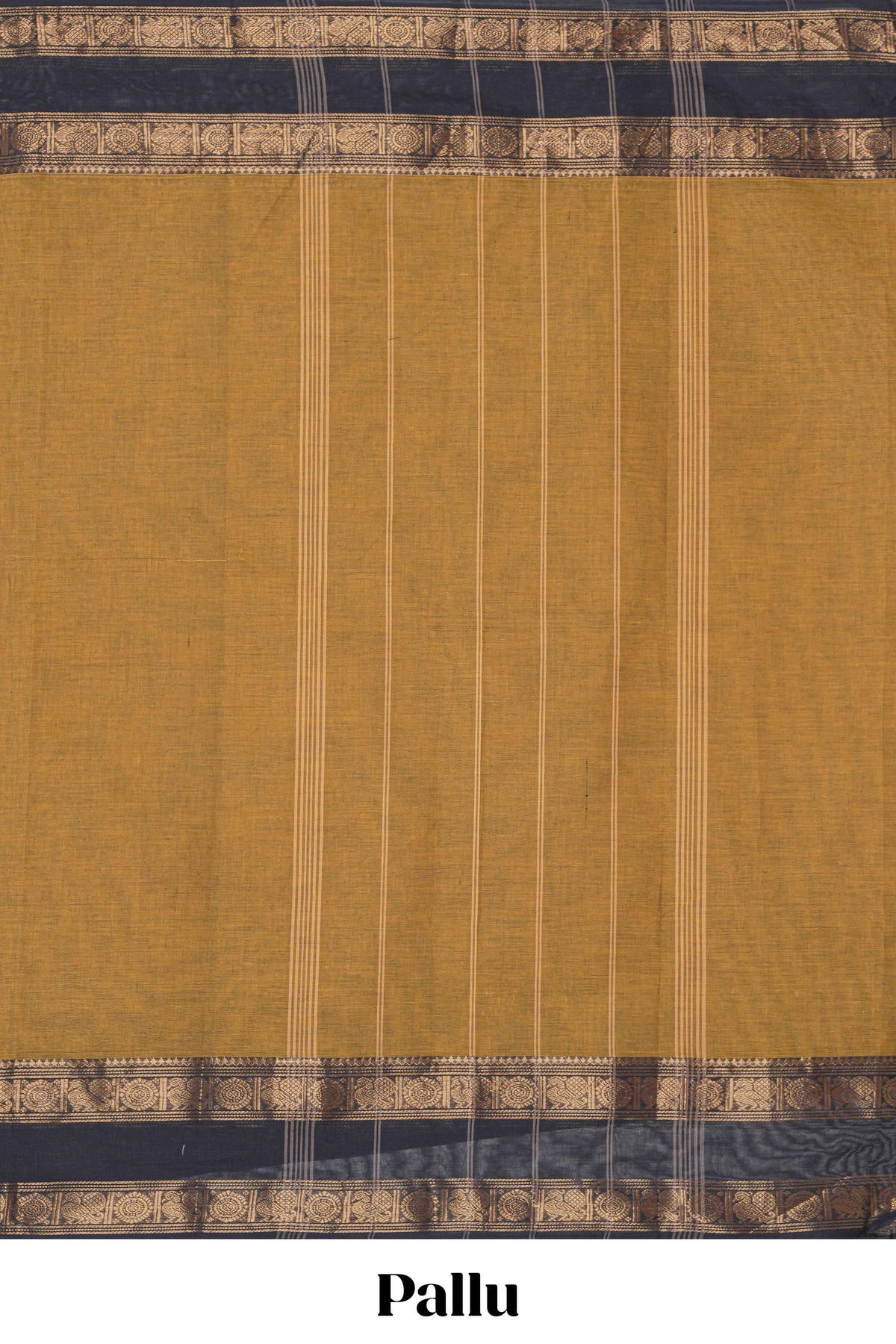 Deep Mustard Brown Chettinad cotton saree with a plain body and a contrasting black border by intricate antique gold zari motifs along with blouse piece