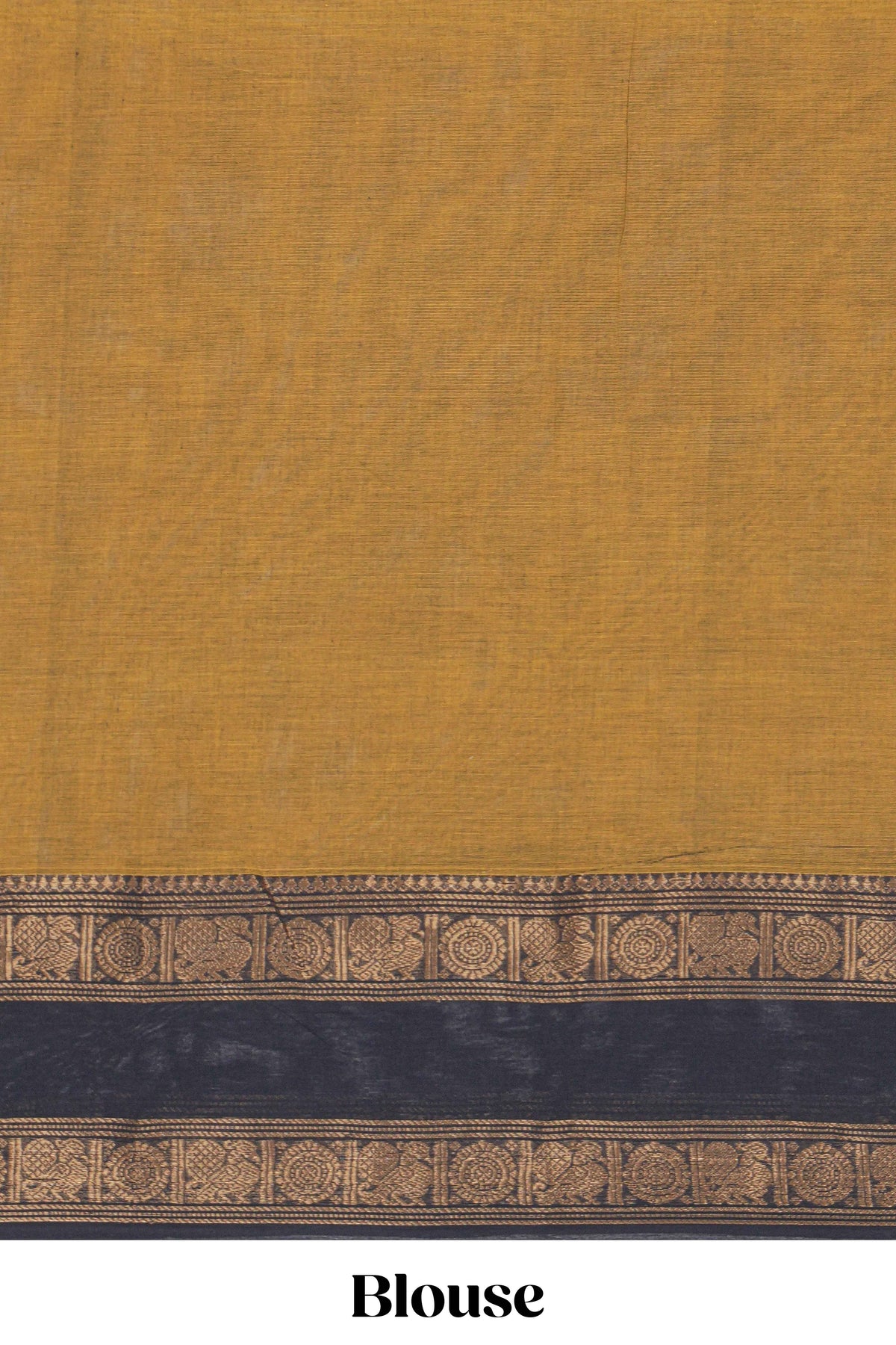 Deep Mustard Brown Chettinad cotton saree with a plain body and a contrasting black border by intricate antique gold zari motifs along with blouse piece