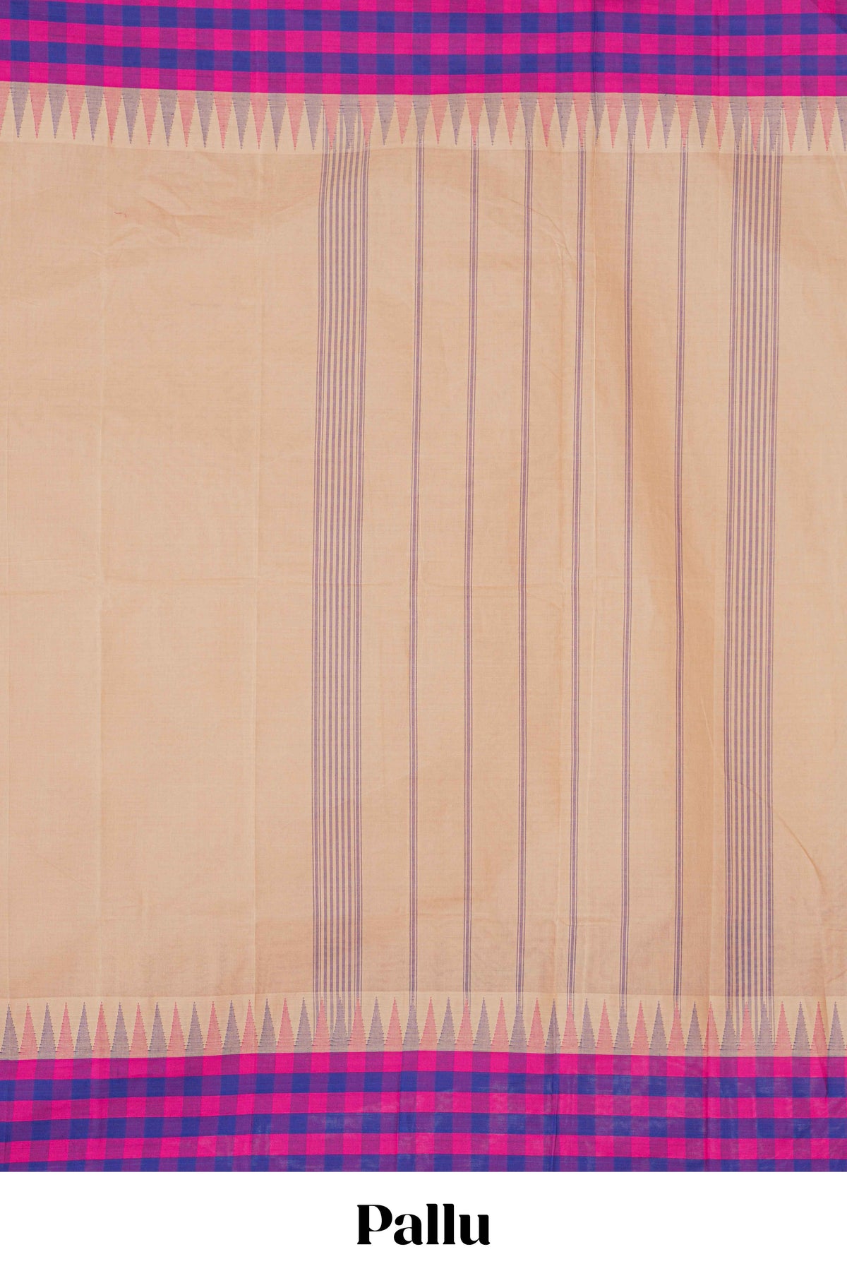 Light Peach Chettinad cotton saree with a plain body contrasting pink and royal blue checked border and classic temple motif detailing along with matching blouse