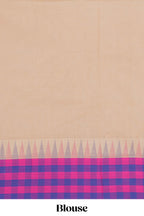 Light Peach Chettinad cotton saree with a plain body contrasting pink and royal blue checked border and classic temple motif detailing along with matching blouse